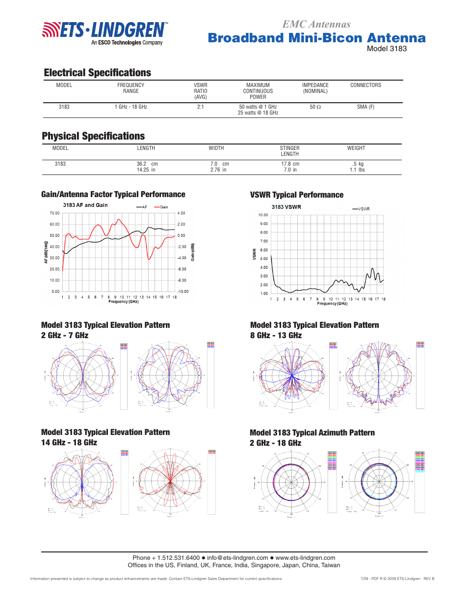 Broadband mini-bicon antenna, Emc antennas, Physical specifications | Electrical specifications, Model 3183 | Atec EMCO-3183 User Manual | Page 2 / 2