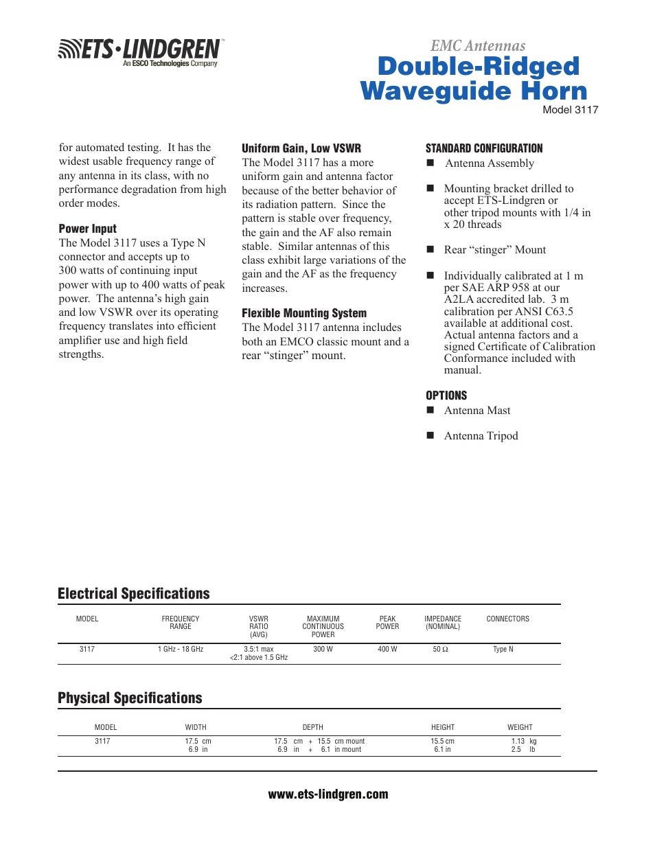 Double-ridged waveguide horn, Emc antennas, Electrical specifications | Physical specifications | Atec EMCO-3117 User Manual | Page 2 / 6