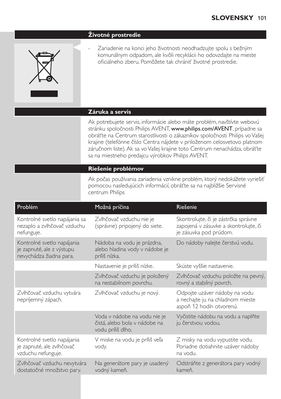 Životné prostredie, Záruka a servis, Riešenie problémov | Philips AVENT SCH580 User Manual | Page 101 / 126