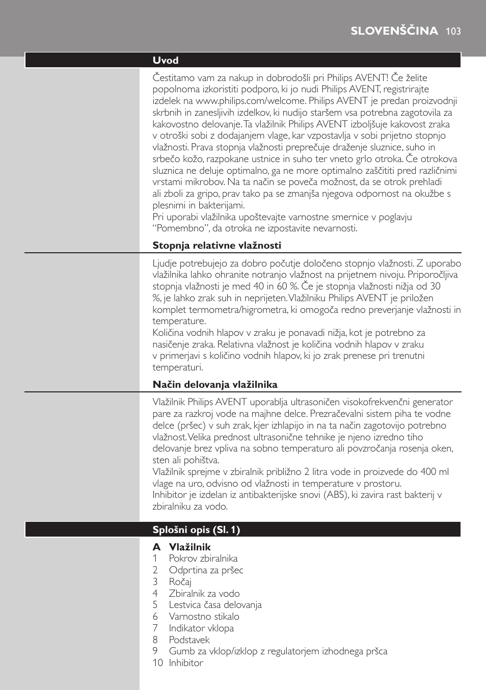 Slovenščina, Uvod, Stopnja relativne vlažnosti | Način delovanja vlažilnika, Splošni opis (sl. 1) | Philips AVENT SCH580 User Manual | Page 103 / 126