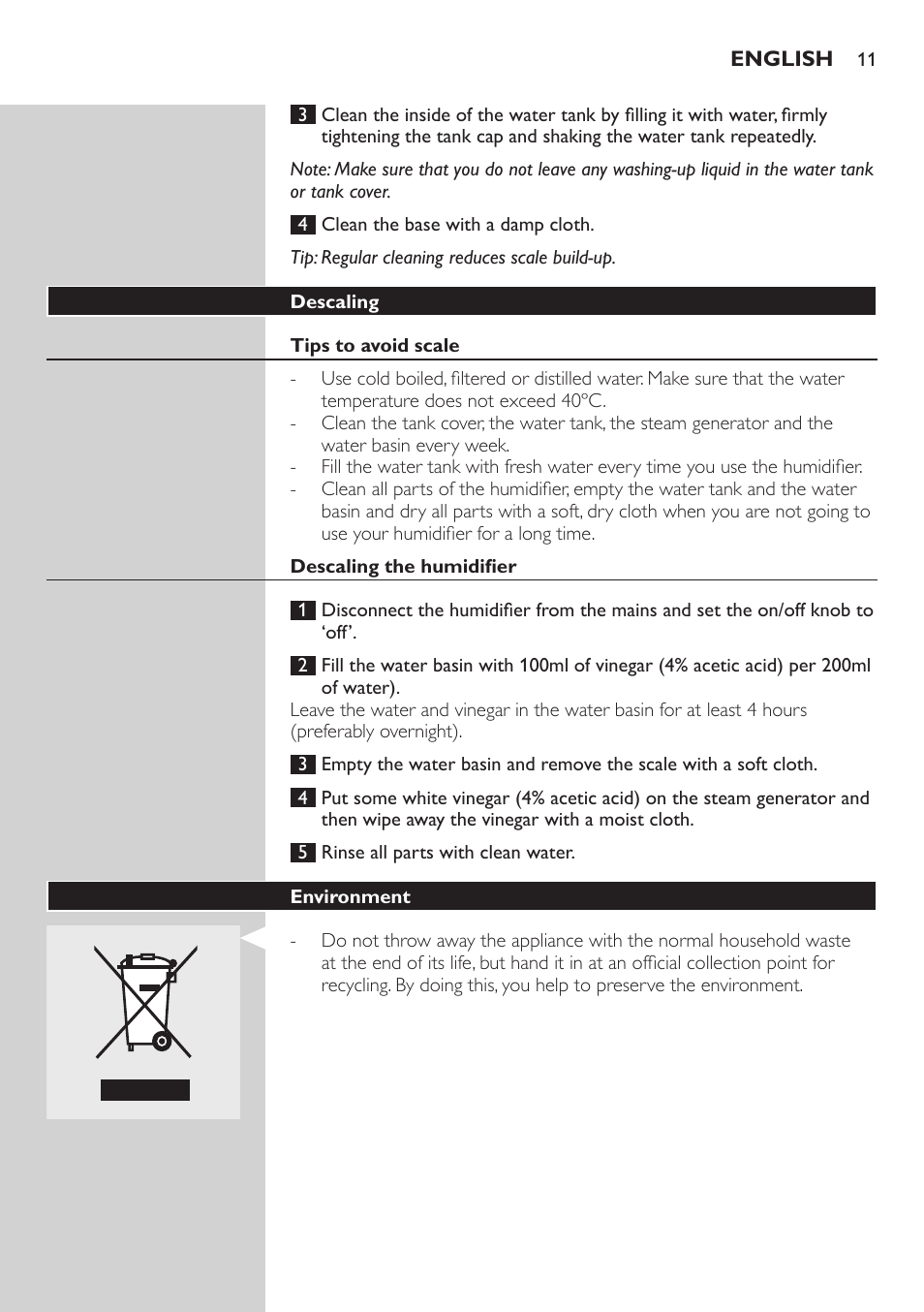 Descaling, Tips to avoid scale, Descaling the humidifier | Environment, Guarantee & service | Philips AVENT SCH580 User Manual | Page 11 / 126