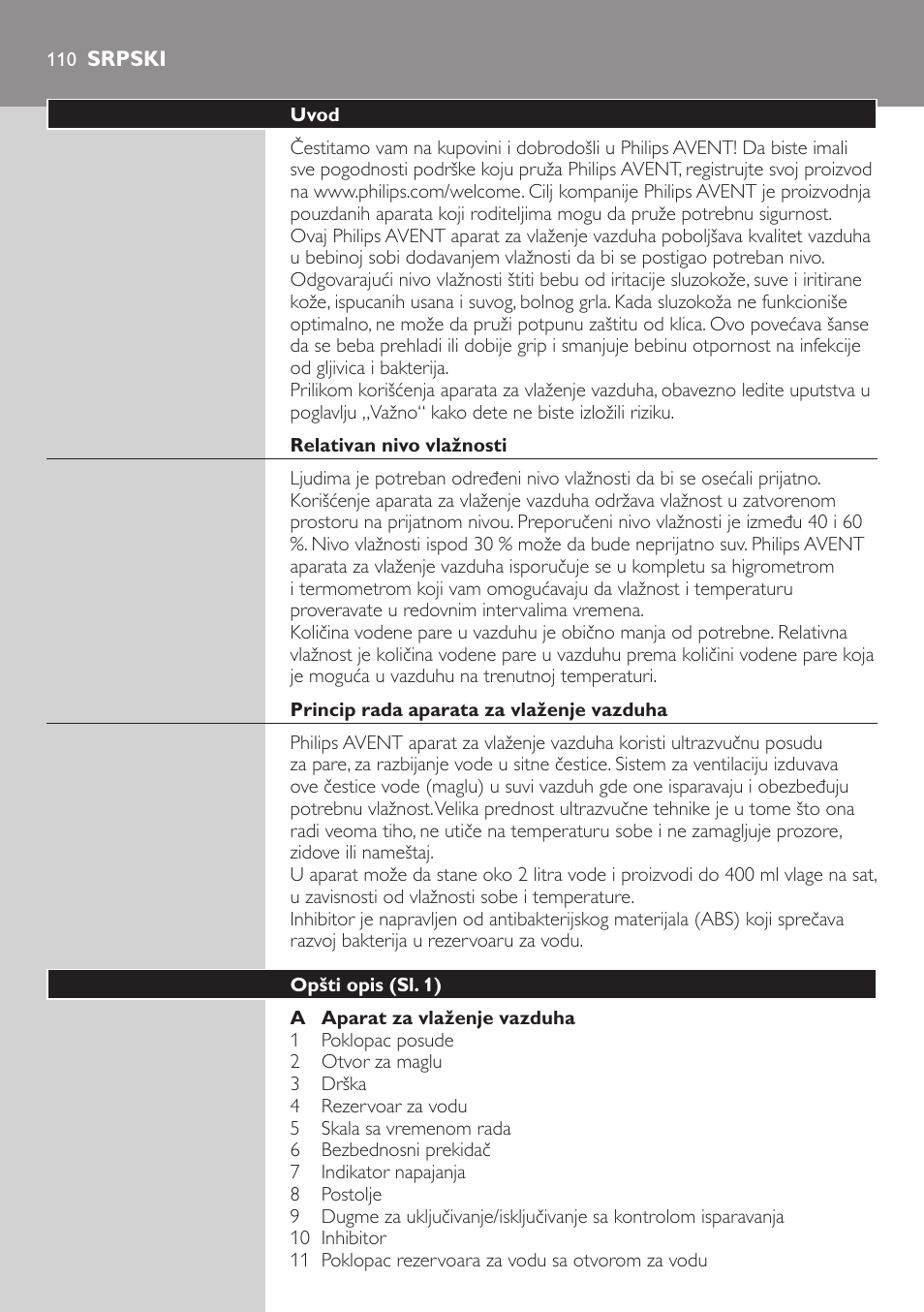Srpski, Uvod, Relativan nivo vlažnosti | Princip rada aparata za vlaženje vazduha, Opšti opis (sl. 1) | Philips AVENT SCH580 User Manual | Page 110 / 126