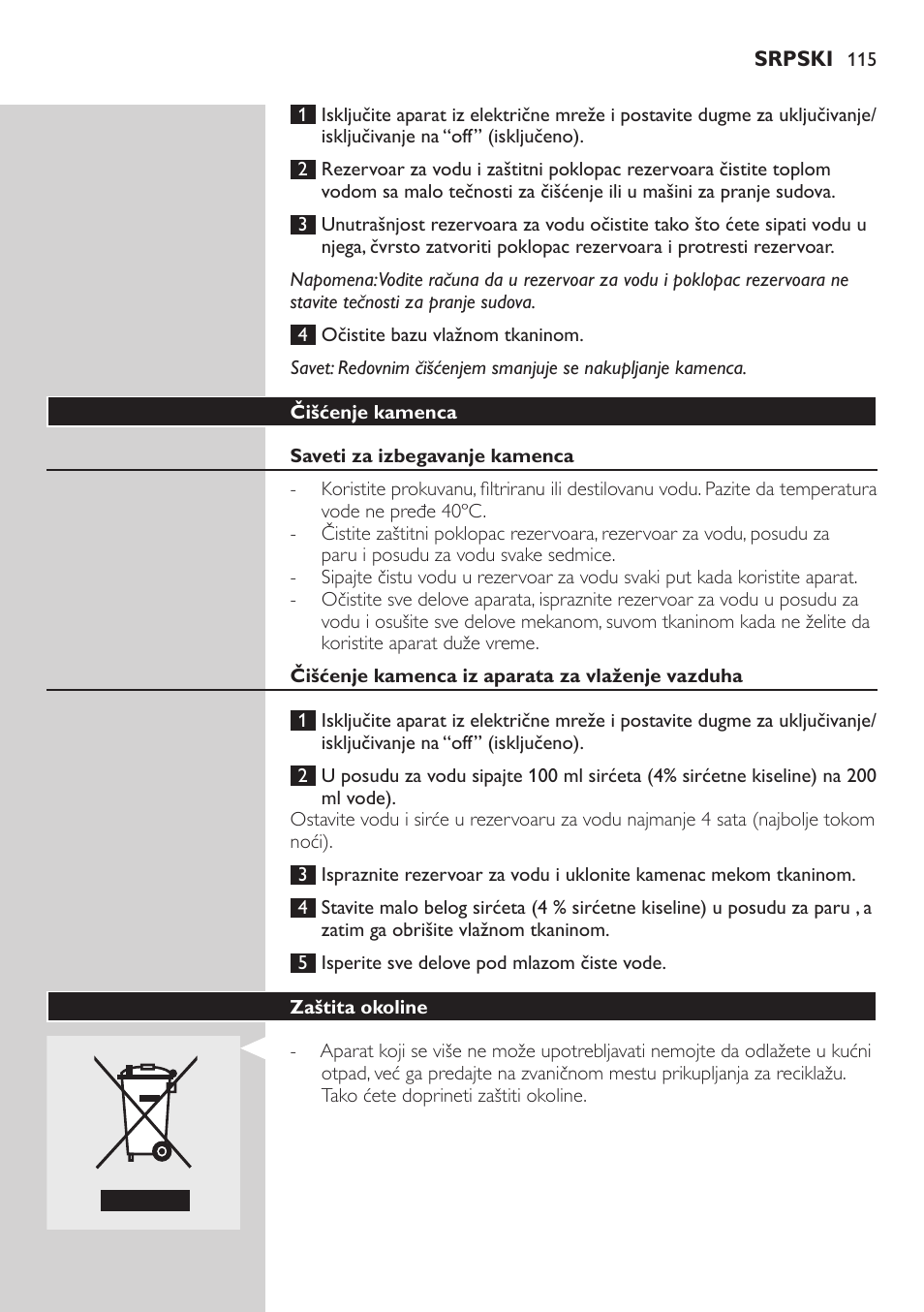 Čišćenje kamenca, Saveti za izbegavanje kamenca, Čišćenje kamenca iz aparata za vlaženje vazduha | Zaštita okoline | Philips AVENT SCH580 User Manual | Page 115 / 126