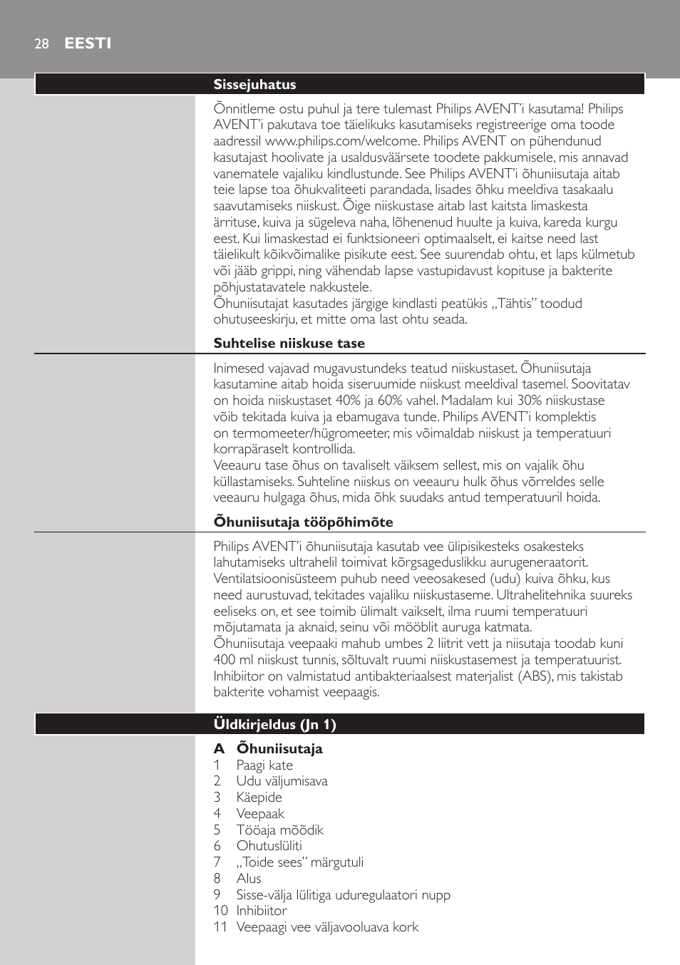 Eesti, Sissejuhatus, Suhtelise niiskuse tase | Õhuniisutaja tööpõhimõte, Üldkirjeldus (jn 1) | Philips AVENT SCH580 User Manual | Page 28 / 126