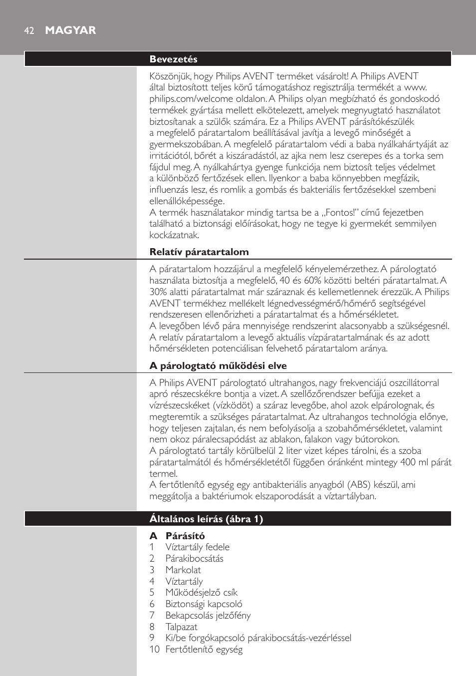 Magyar, Bevezetés, Relatív páratartalom | A párologtató működési elve, Általános leírás (ábra 1) | Philips AVENT SCH580 User Manual | Page 42 / 126