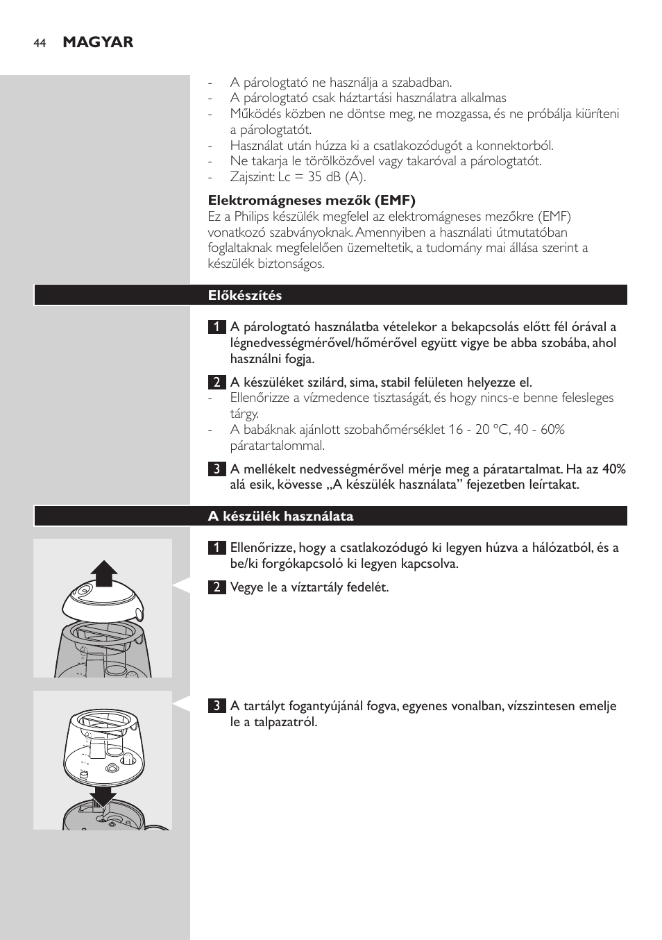 Elektromágneses mezők (emf), Előkészítés, A készülék használata | Magyar | Philips AVENT SCH580 User Manual | Page 44 / 126