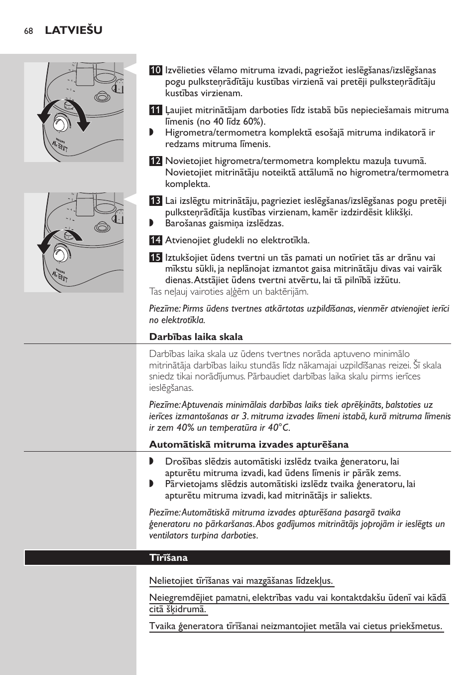 Darbības laika skala, Automātiskā mitruma izvades apturēšana, Tīrīšana | Latviešu | Philips AVENT SCH580 User Manual | Page 68 / 126