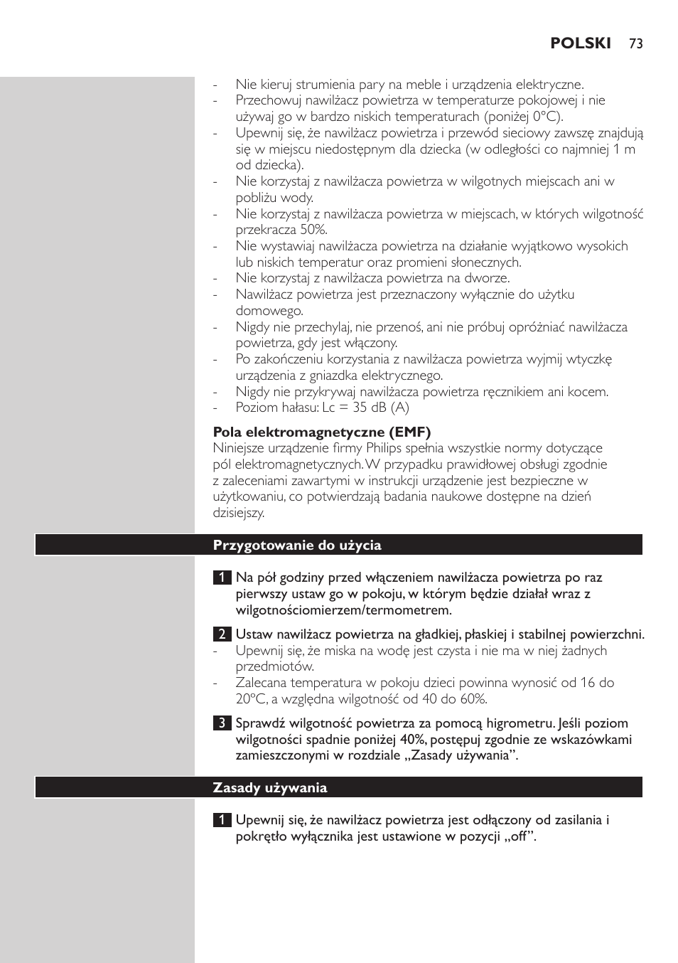 Pola elektromagnetyczne (emf), Przygotowanie do użycia, Zasady używania | Philips AVENT SCH580 User Manual | Page 73 / 126