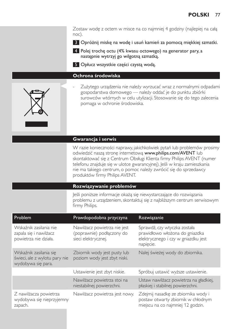 Ochrona środowiska, Gwarancja i serwis, Rozwiązywanie problemów | Philips AVENT SCH580 User Manual | Page 77 / 126