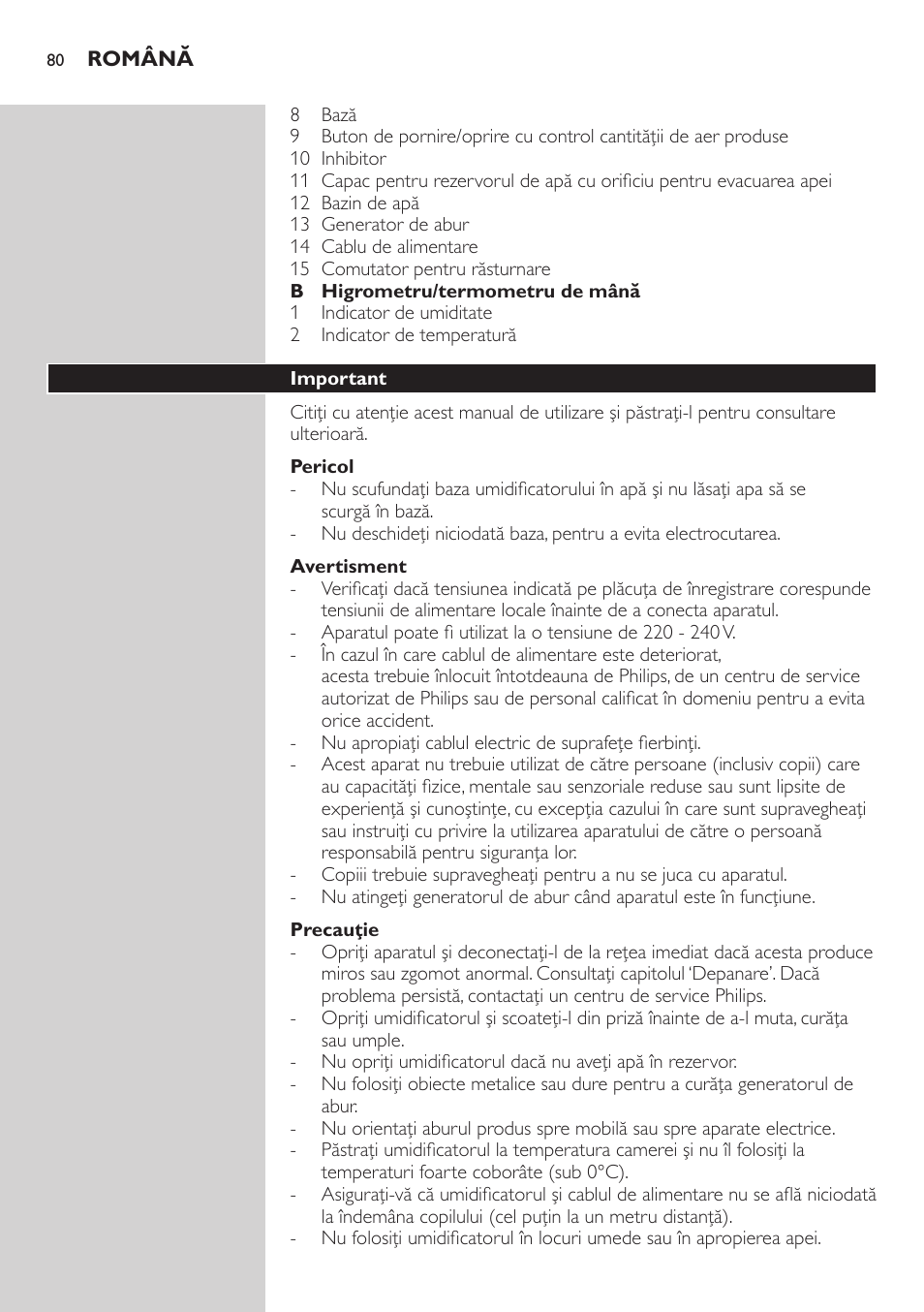 Pericol, Avertisment, Precauţie | Important | Philips AVENT SCH580 User Manual | Page 80 / 126