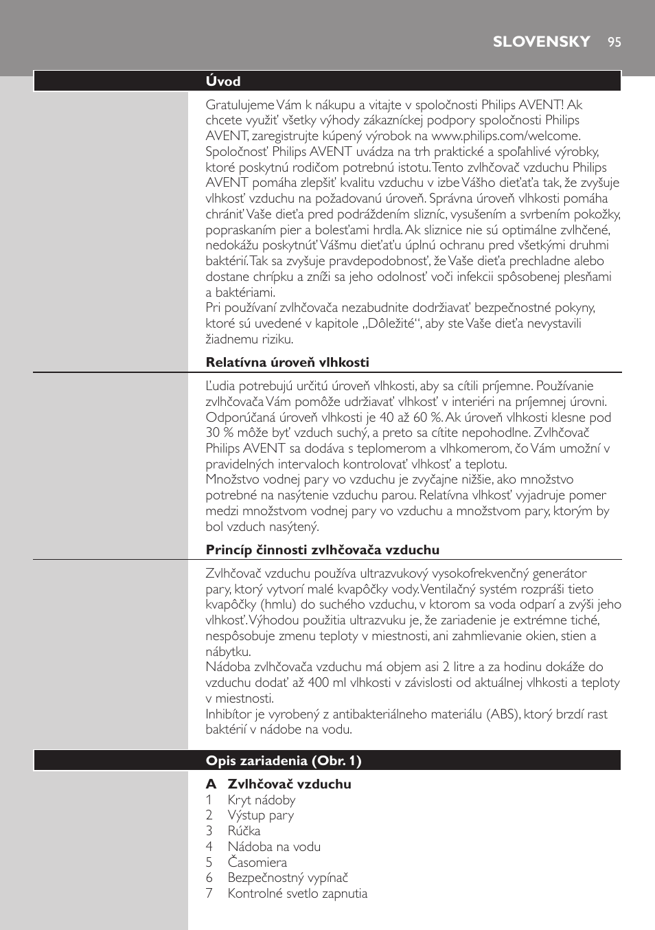 Slovensky, Úvod, Relatívna úroveň vlhkosti | Princíp činnosti zvlhčovača vzduchu, Opis zariadenia (obr. 1) | Philips AVENT SCH580 User Manual | Page 95 / 126