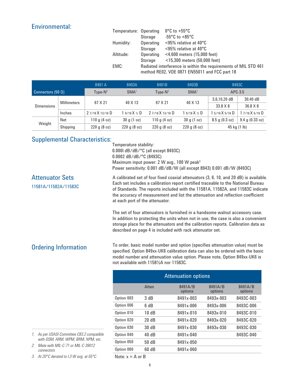 Environmental, Supplemental characteristics: attenuator sets, Ordering information | Attenuation options | Atec Agilent-11583C User Manual | Page 6 / 8