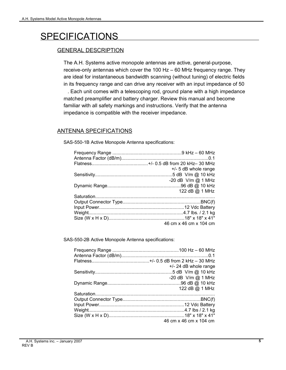 Specifications, General description | Atec AH-Systems-SAS-550-1B User Manual | Page 5 / 13