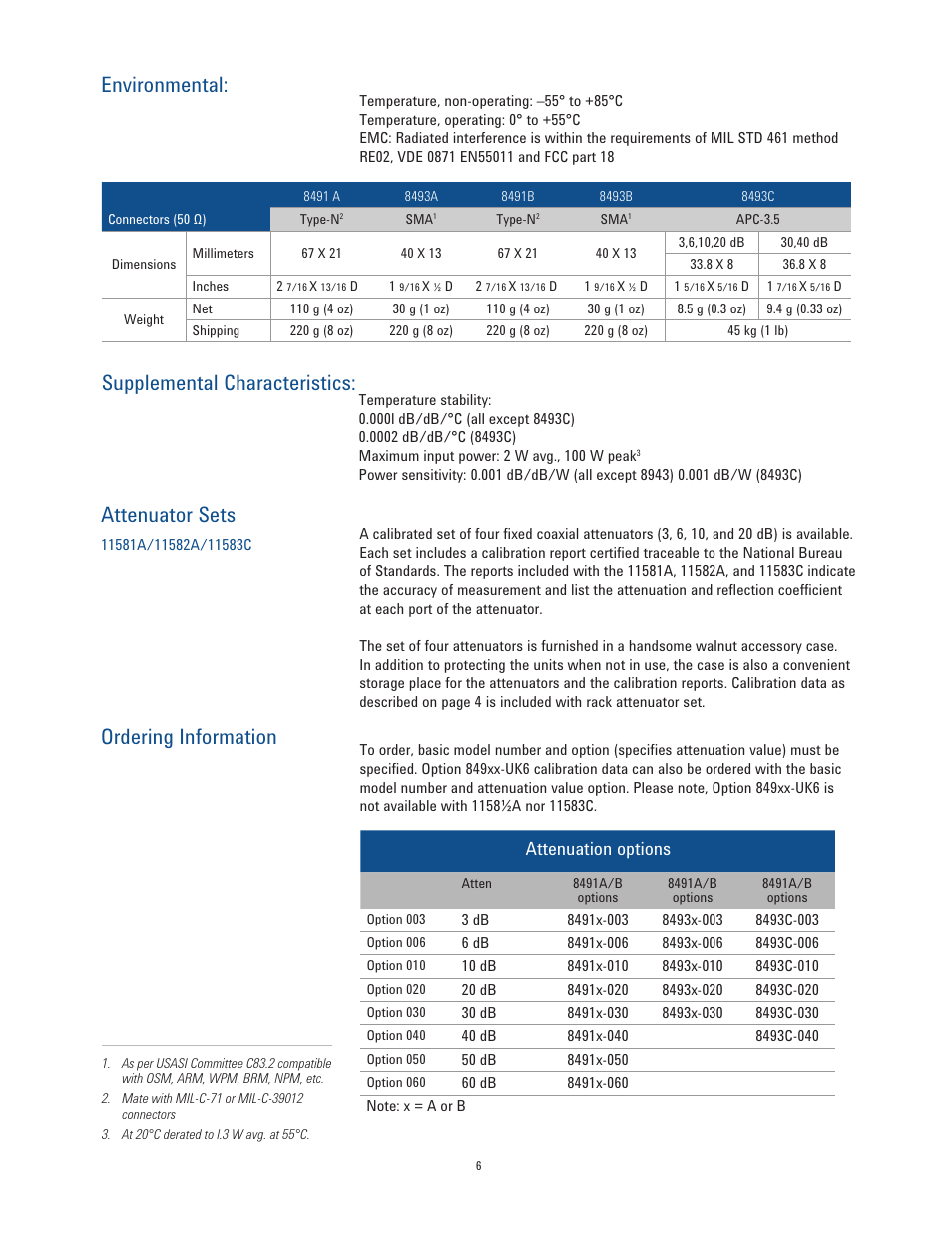 Environmental, Supplemental characteristics: attenuator sets, Ordering information | Attenuation options | Atec Agilent-8490 Series User Manual | Page 6 / 8