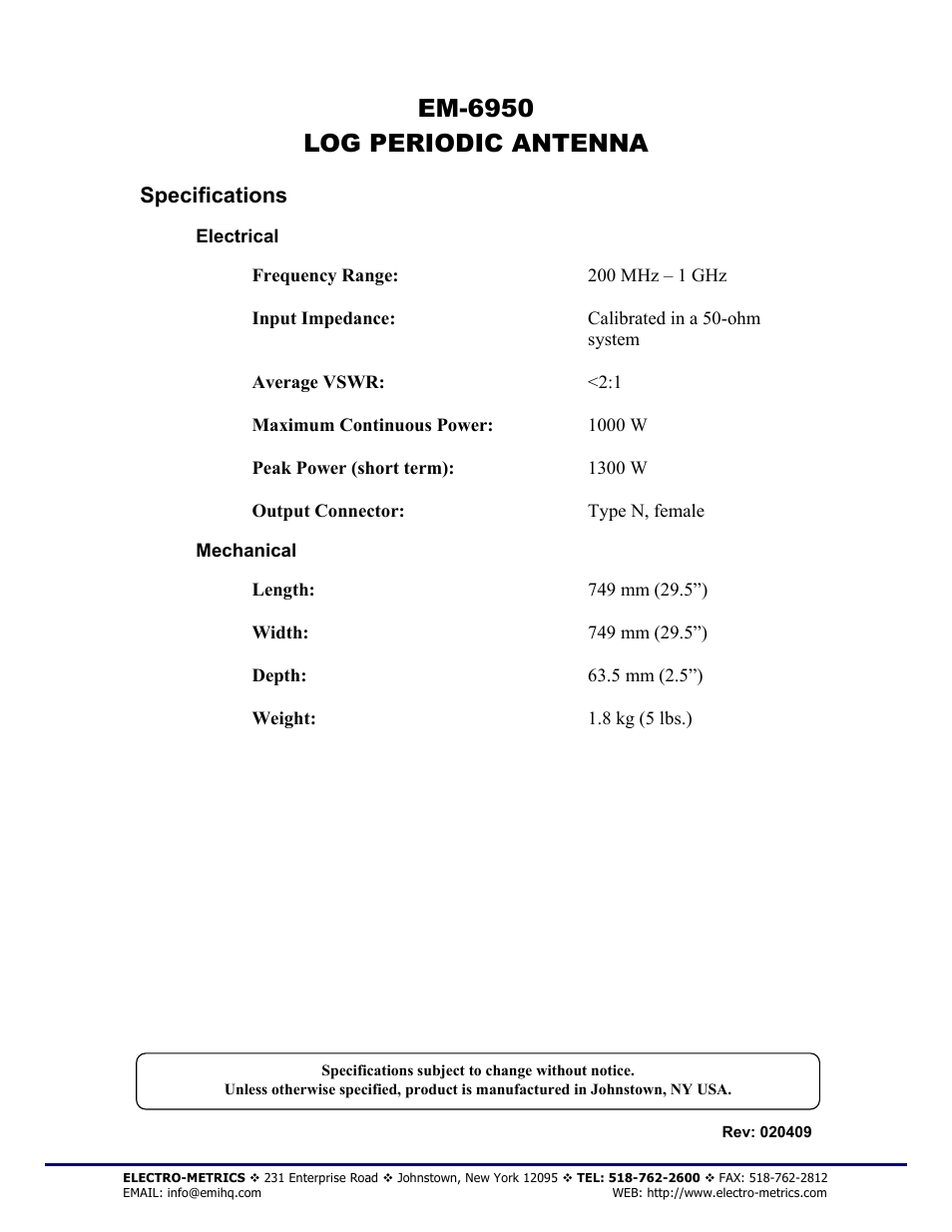 Em-6950 log periodic antenna, Specifications | Atec Electro-Metrics-EM-6950 User Manual | Page 2 / 2