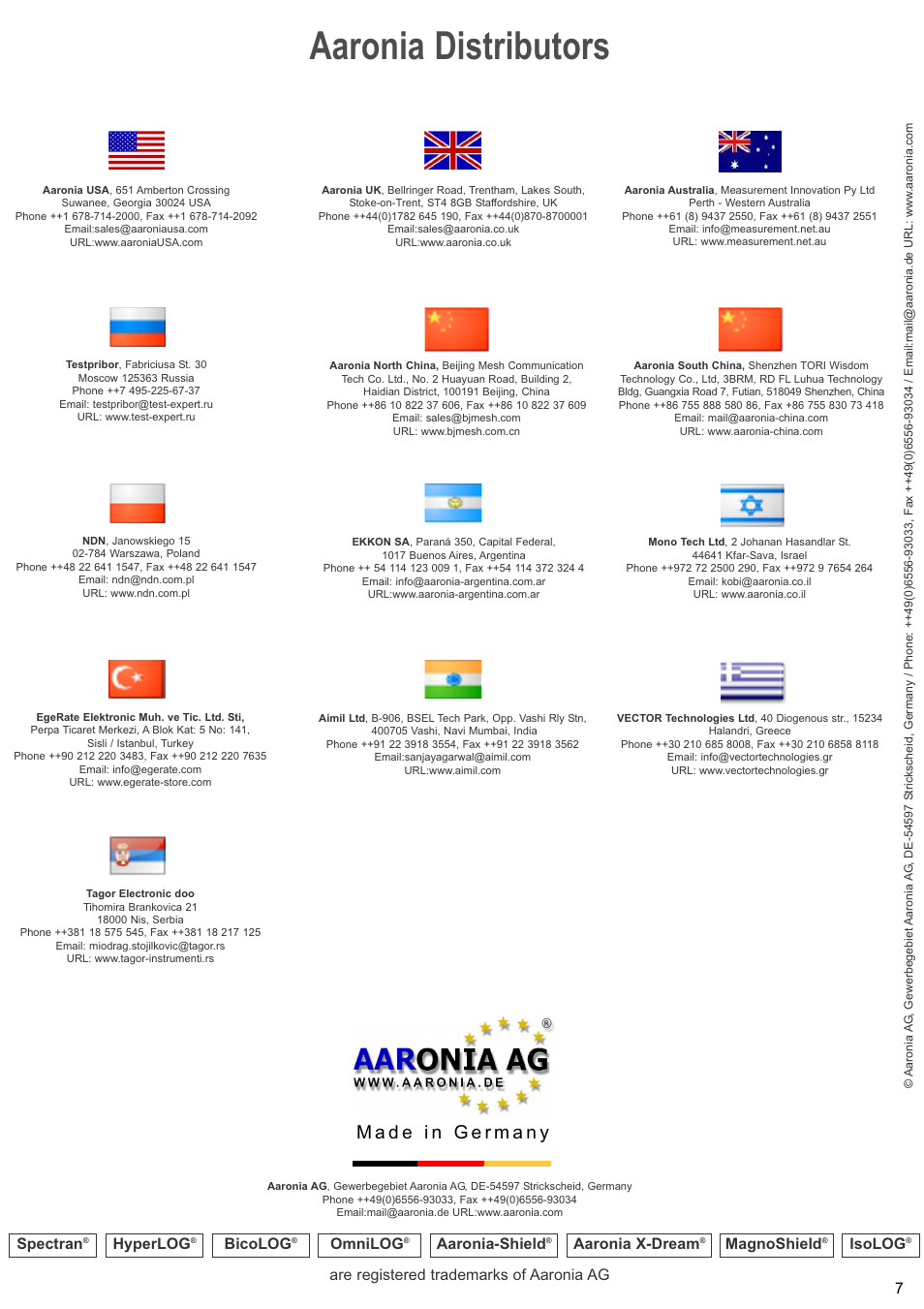 Aaronia distributors, Are registered trademarks of aaronia ag, Hyperlog | Spectran, Aaronia-shield, Aaronia x-dream, Magnoshield, Omnilog, Bicolog, Isolog | Atec Aaronic-6000 Series User Manual | Page 7 / 7