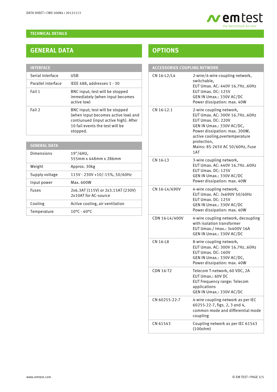 General data, Options | Atec EM-Test-CWS500N4 User Manual | Page 3 / 5