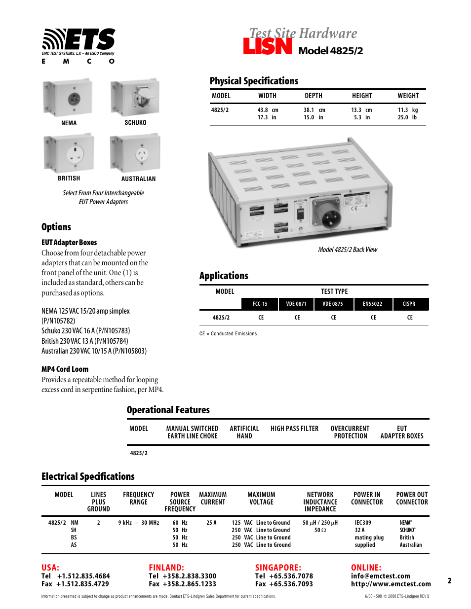 Lisn, Test site hardware, Electrical specifications | Options, Physical specifications, Applications, Operational features, Finland, Singapore, Online | Atec EMCO-4825-2 User Manual | Page 2 / 2