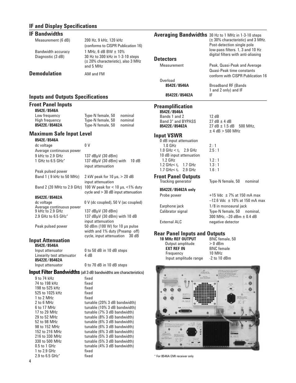 If and display specifications if bandwidths, Demodulation, Maximum safe input level | Input attenuation, Averaging bandwidths, Detectors, Preamplification, Input vswr, Front panel outputs, Rear panel inputs and outputs | Atec Agilent-8542E-8546A User Manual | Page 4 / 7