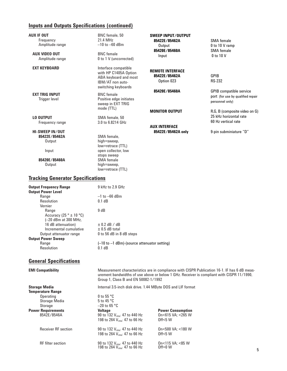 Inputs and outputs specifications (continued), Tracking generator specifications, General specifications | Atec Agilent-8542E-8546A User Manual | Page 5 / 7