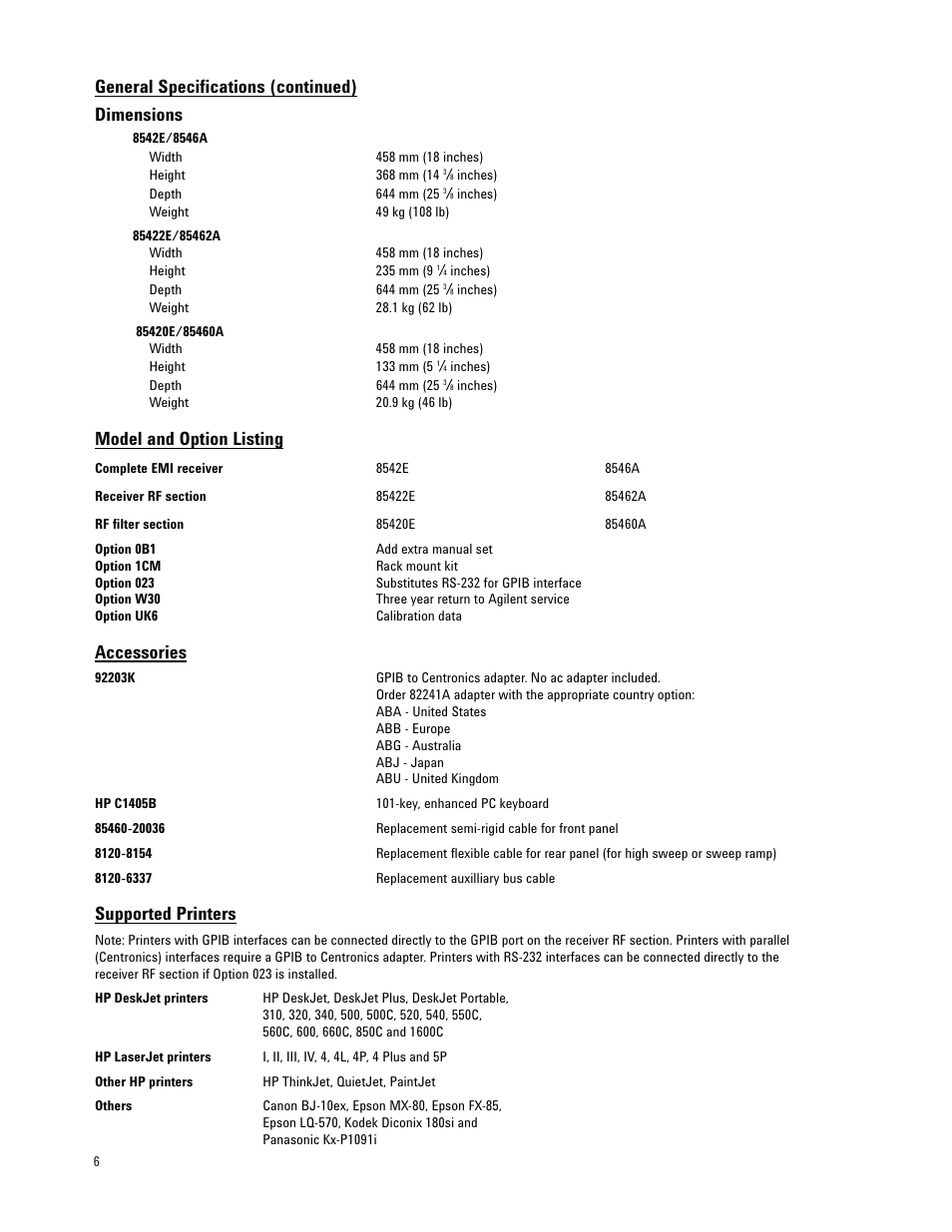 General specifications (continued) dimensions, Model and option listing, Accessories | Supported printers | Atec Agilent-8542E-8546A User Manual | Page 6 / 7