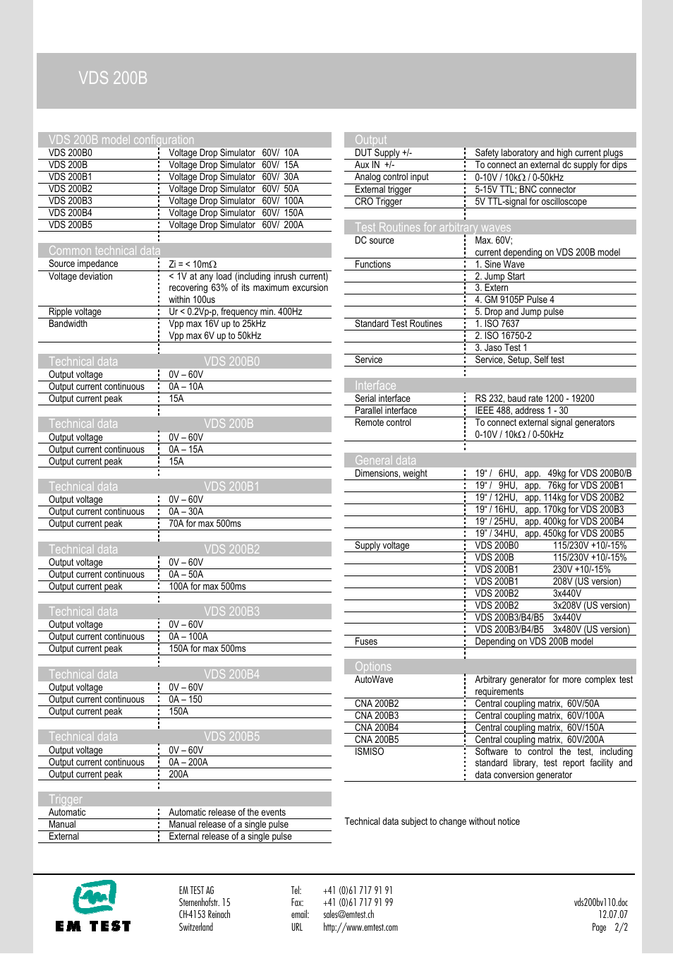 Vds 200b, Vds 200b model configuration, Common technical data | Technical data vds 200b0, Technical data vds 200b, Technical data vds 200b1, Technical data vds 200b2, Technical data vds 200b3, Technical data vds 200b4, Technical data vds 200b5 | Atec EM-Test-VDS-200B User Manual | Page 2 / 2