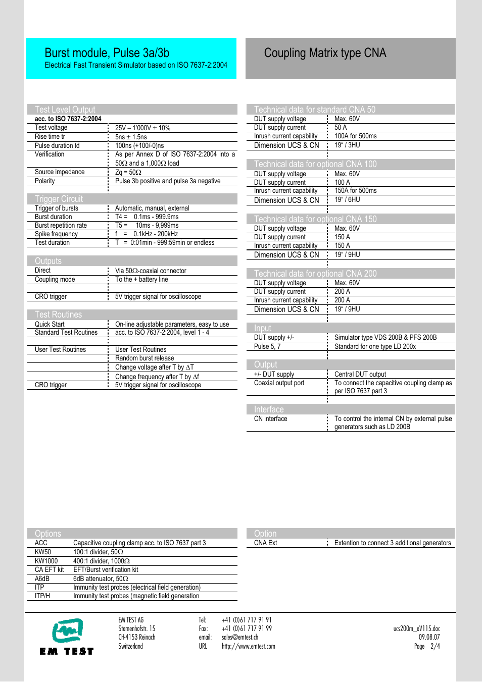Burst module, pulse 3a/3b, Coupling matrix type cna | Atec EM-Test-UCS200M User Manual | Page 2 / 4