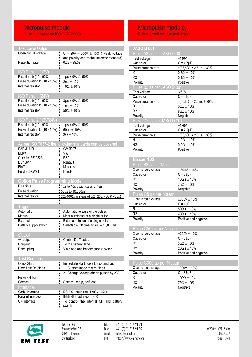 Micropulse module, Option pulse programming mode, Trigger | Output, Test routines, Interface, Pulse c8 as per nissan, Pulse c50 as per nissan, Pulse c300 as per nissan | Atec EM-Test-UCS200M User Manual | Page 3 / 4