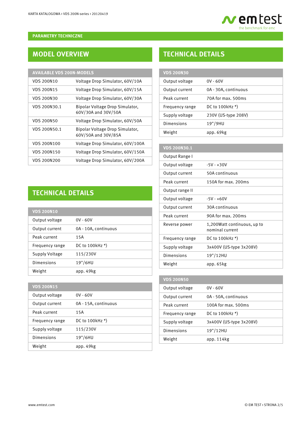 Model overview, Technical details | Atec EM-Test-VDS200N User Manual | Page 2 / 5
