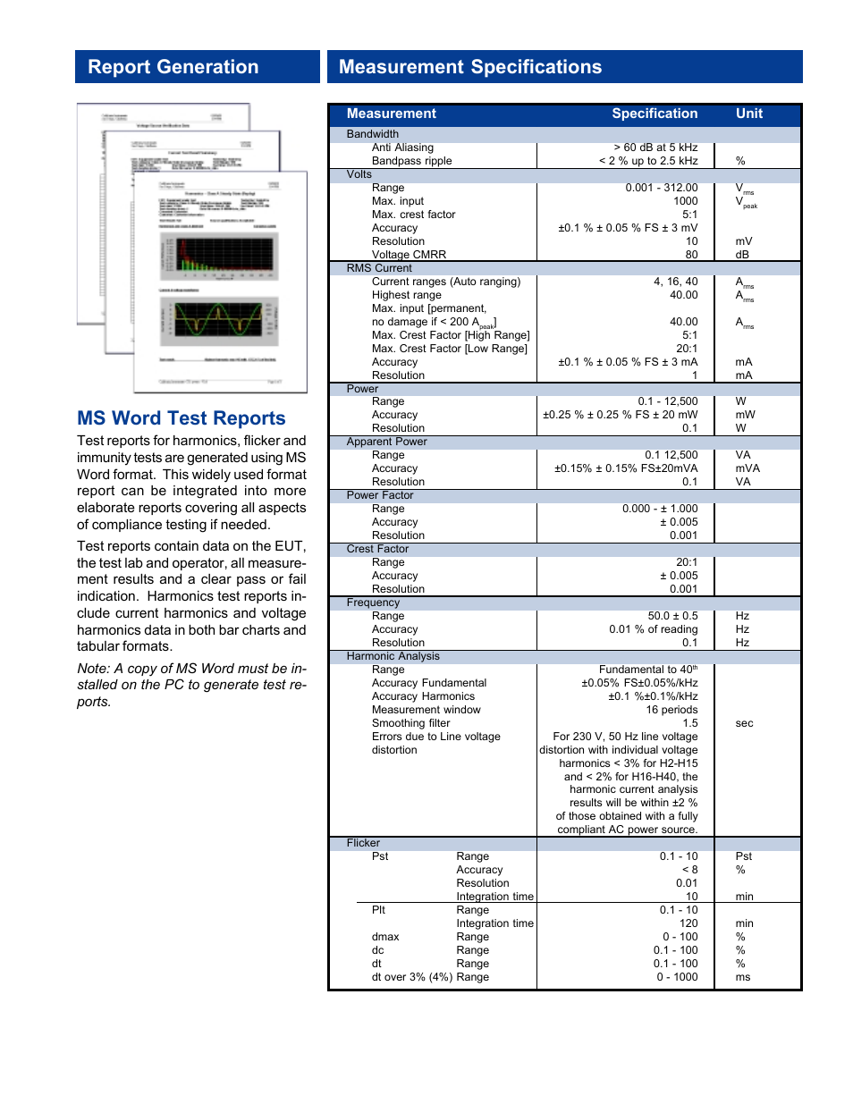 Report generation, Measurement specifications, Ms word test reports | Report generation measurement specifications | Atec California-Instruments-PACS-1 User Manual | Page 3 / 4
