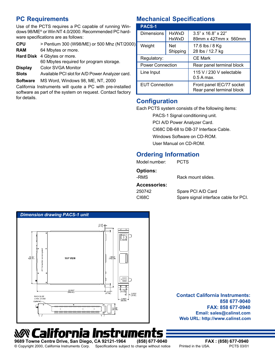 Pc requirements, Mechanical specifications, Configuration | Ordering information | Atec California-Instruments-PACS-1 User Manual | Page 4 / 4