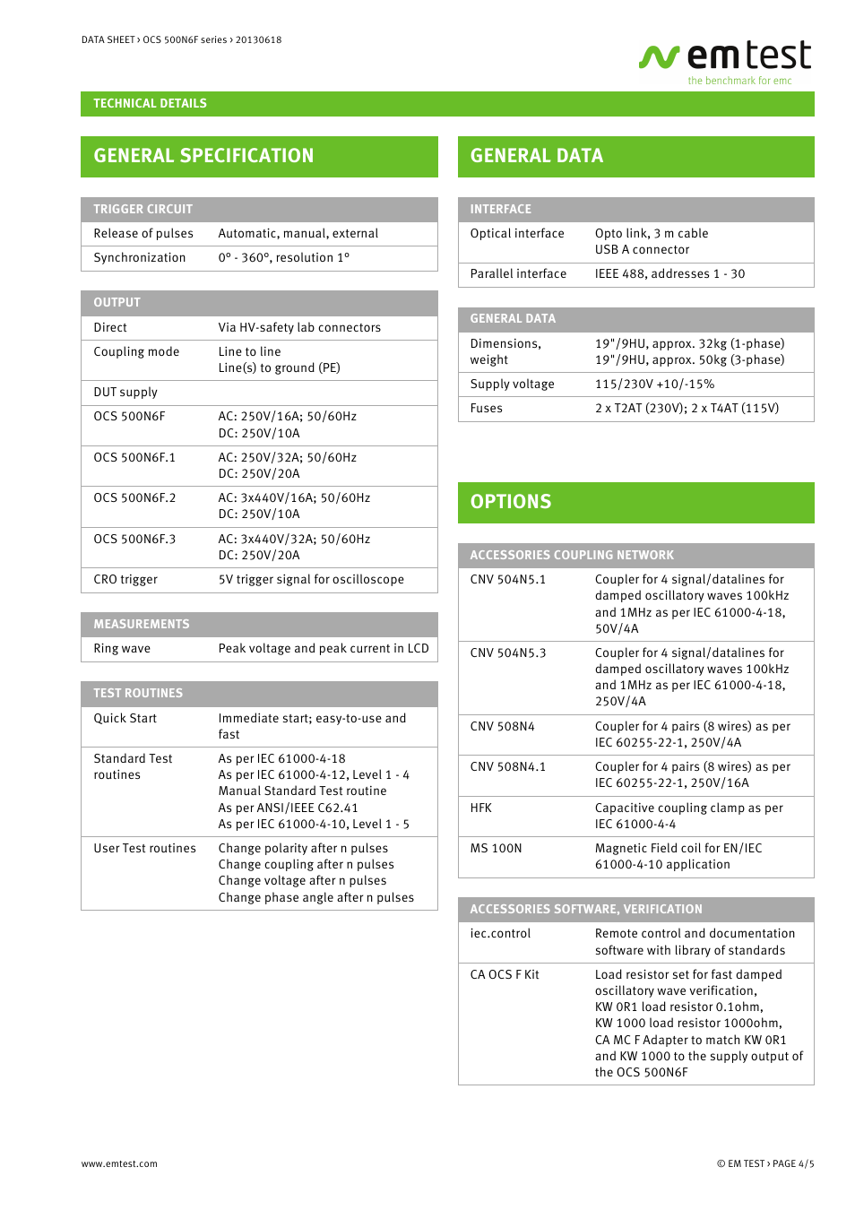 General specification, General data, Options | Atec EM-Test-OCS500N6F User Manual | Page 4 / 5