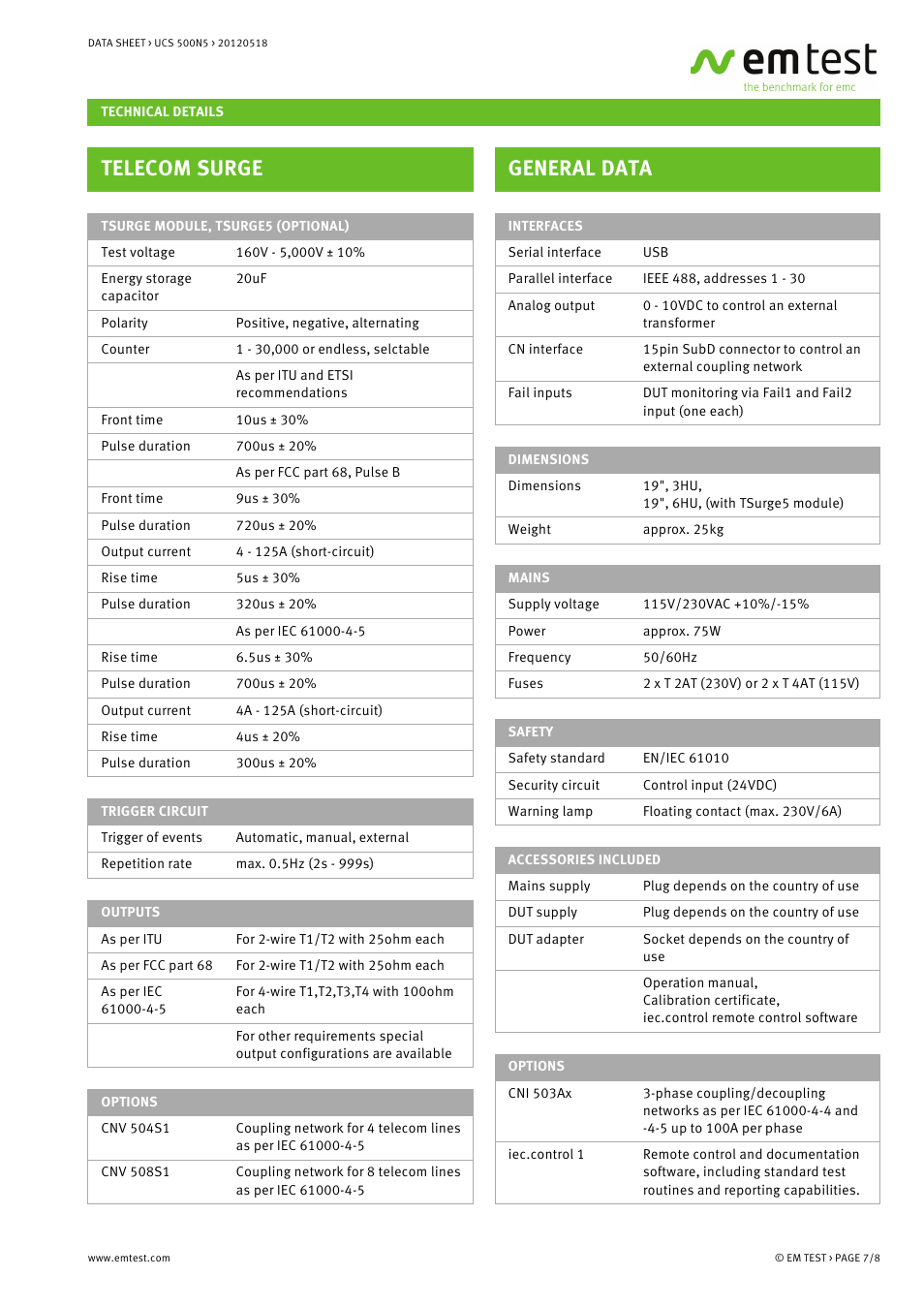 Telecom surge, General data | Atec EM-Test-UCS500N5 User Manual | Page 7 / 8