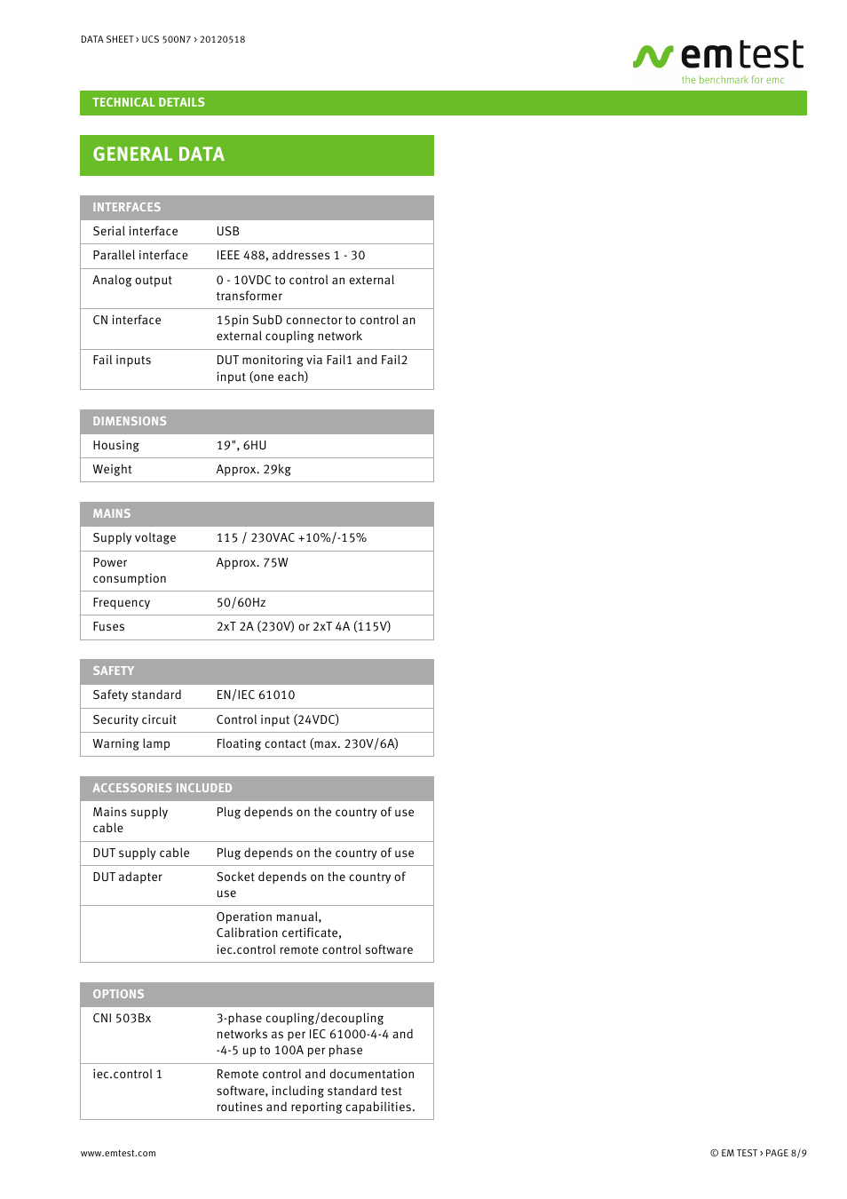 General data | Atec EM-Test-UCS500N7 User Manual | Page 8 / 9