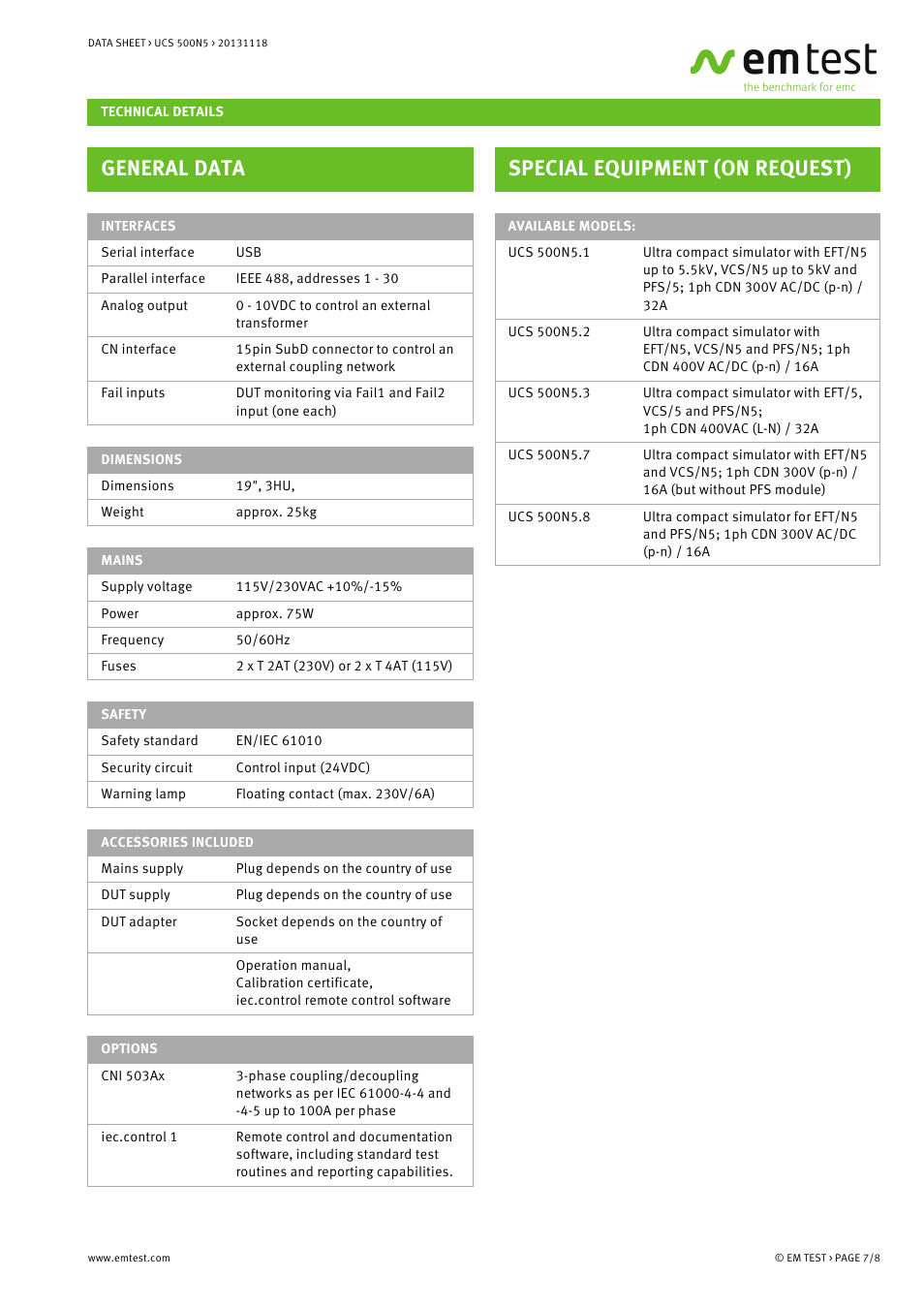 General data, Special equipment (on request) | Atec EM-Test-UCS500N Series User Manual | Page 7 / 8