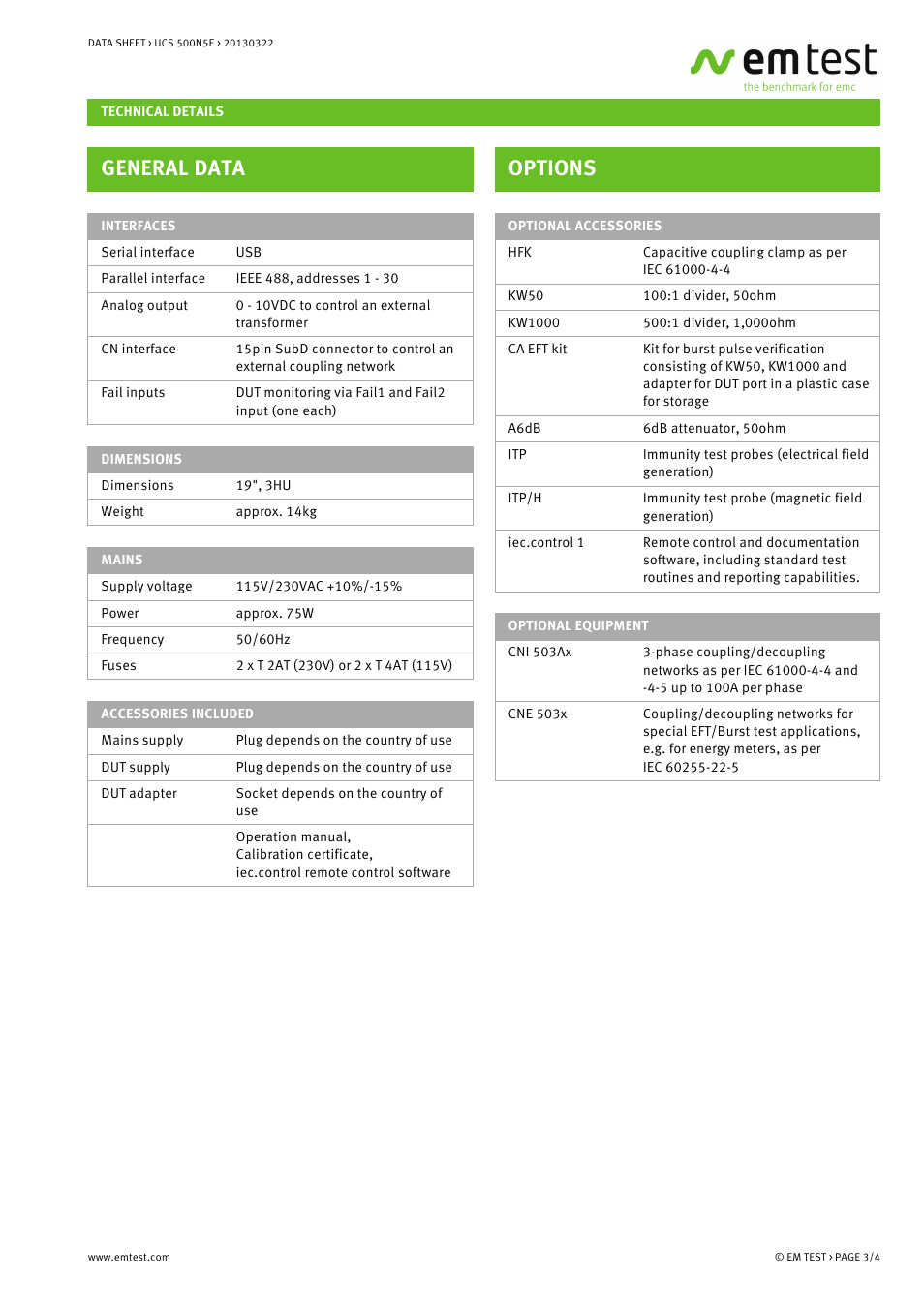 General data, Options | Atec EM-Test-UCS-500N5E User Manual | Page 3 / 4