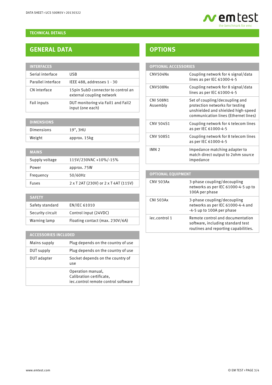 General data, Options | Atec EM-Test-UCS500N5V User Manual | Page 3 / 4