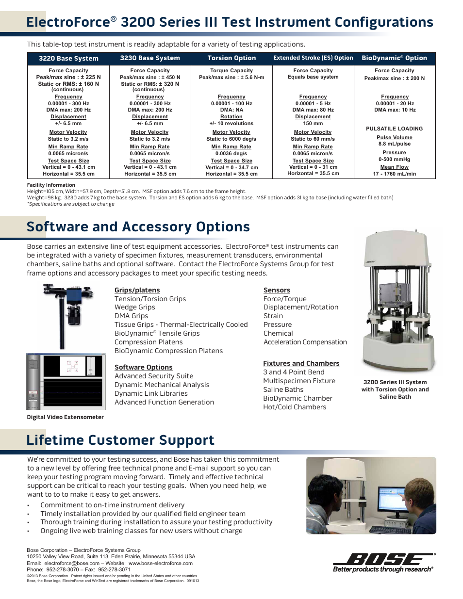 Lifetime customer support, Electroforce, 3200 series iii test instrument configurations | Software and accessory options | Atec Bose-ElectroForce_3200_SeriesIII User Manual | Page 4 / 4