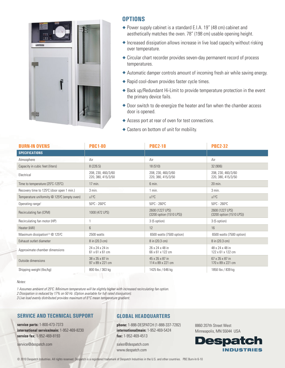 Options, Global headquarters, Service and technical support | Rapid cool-down provides faster cycle times, Access port at rear of oven for test connections, Casters on bottom of unit for mobility | Atec Despatch-pbc2-32 User Manual | Page 2 / 2