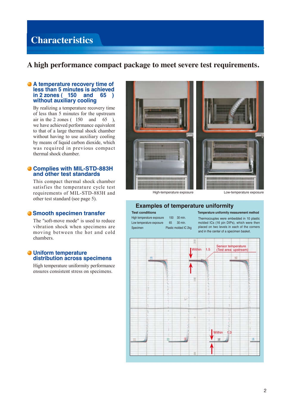 Characteristics, Smooth specimen transfer, Uniform temperature distribution across specimens | Examples of temperature uniformity | Atec Espec-TSE-11-A User Manual | Page 3 / 10