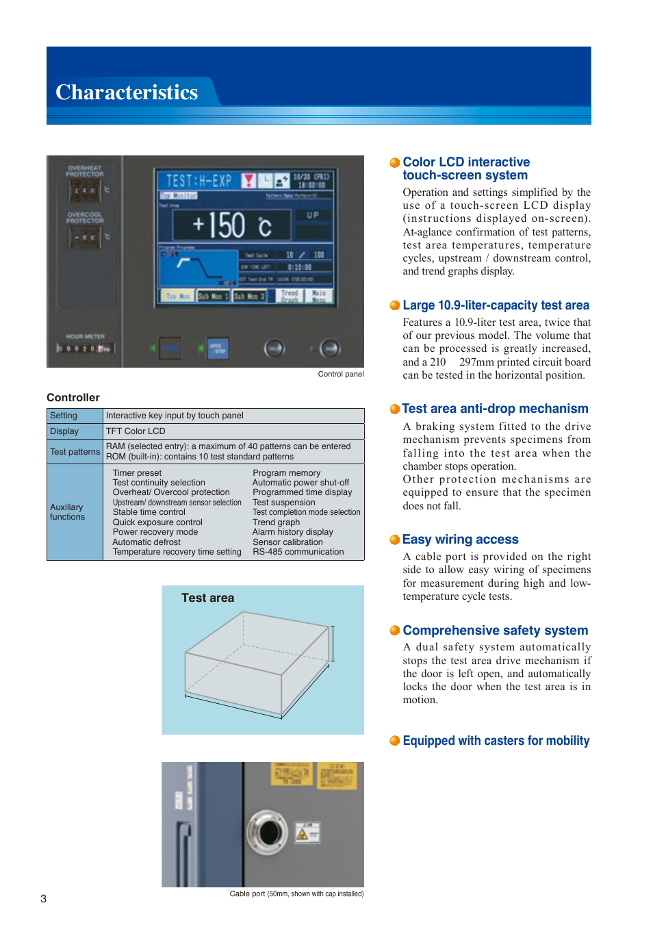 Characteristics, Color lcd interactive touch-screen system, Large 10.9-liter-capacity test area | Test area anti-drop mechanism, Easy wiring access, Comprehensive safety system, Equipped with casters for mobility | Atec Espec-TSE-11-A User Manual | Page 4 / 10