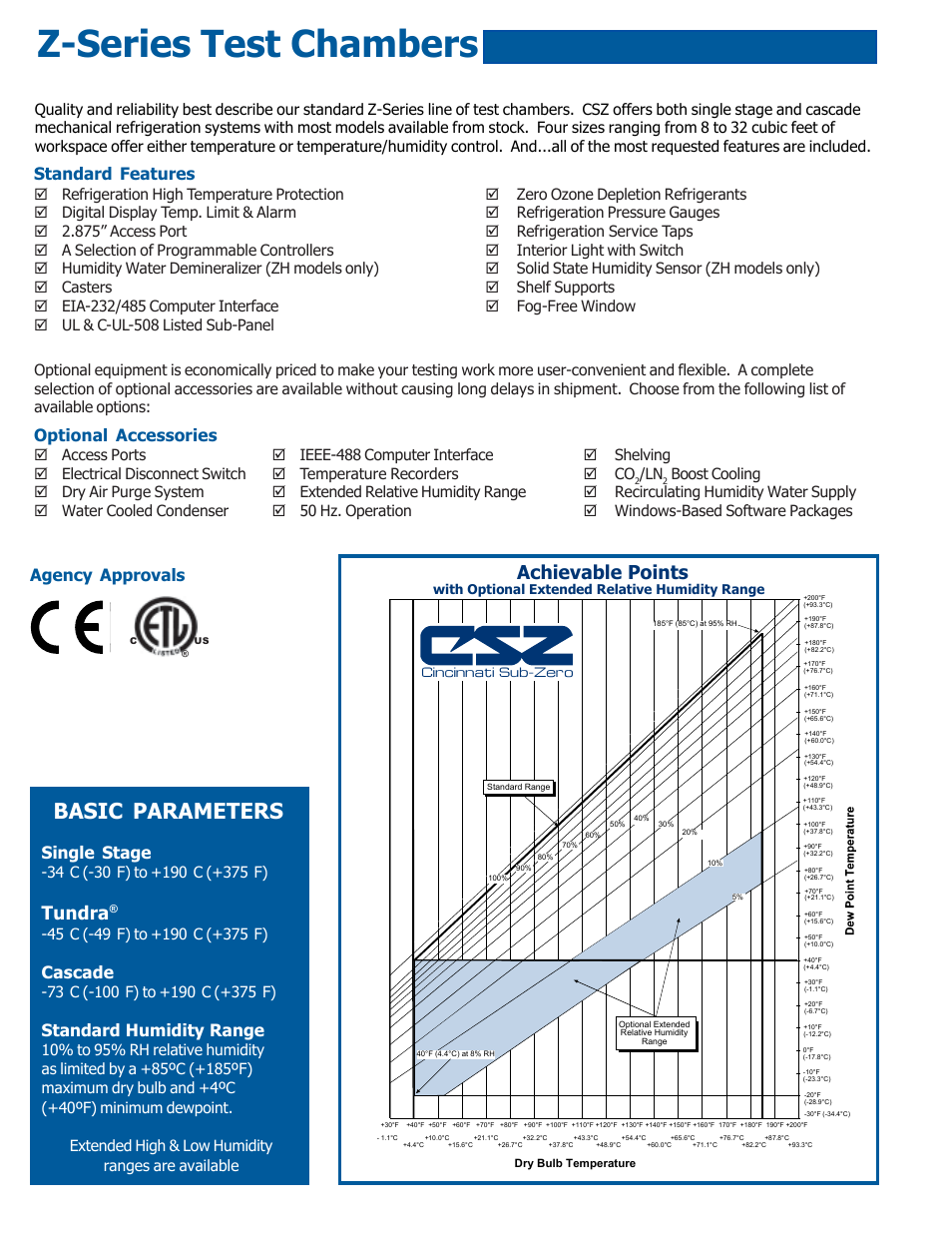 Z-series test chambers, Basic parameters, Achievable points | Tundra, Standard features, Optional accessories, Agency approvals, Single stage, Cascade, Standard humidity range | Atec Cincinnati-ZH Series User Manual | Page 2 / 4