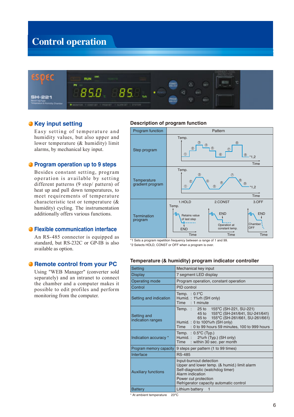 Control operation, Key input setting, Program operation up to 9 steps | Flexible communication interface, Remote control from your pc | Atec Espec-SH-641 User Manual | Page 7 / 16