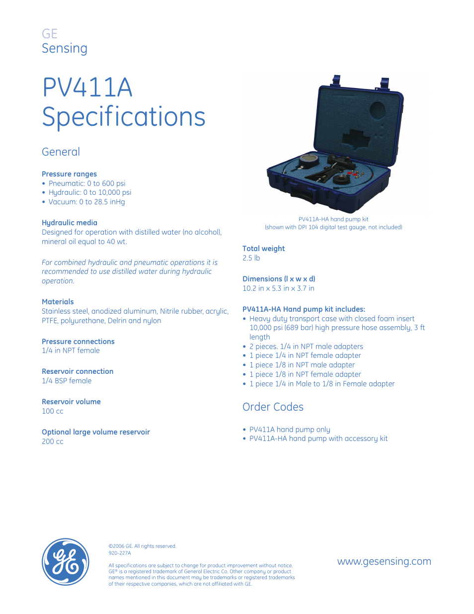 Pv411a specifications, Ge sensing | Atec Druck-PV411 User Manual | Page 2 / 2