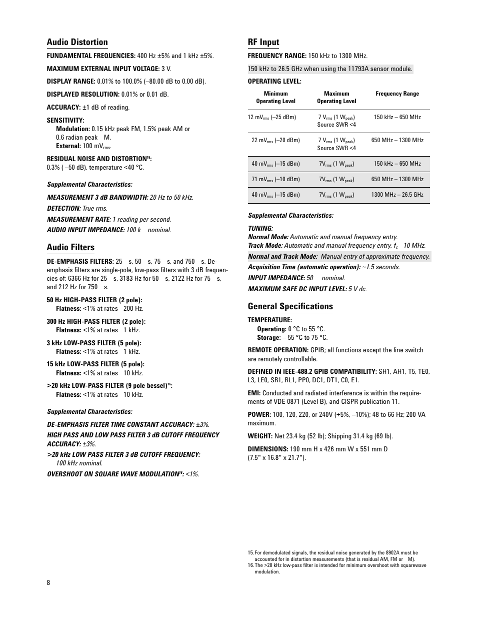 Audio distortion, Audio filters, Rf input | General specifications | Atec Agilent-11792A User Manual | Page 8 / 12