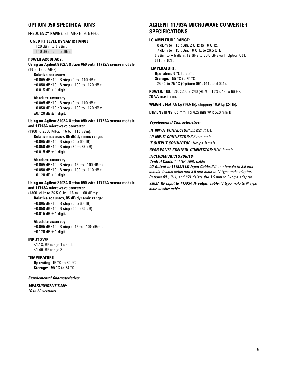 Option 050 specifications | Atec Agilent-11792A User Manual | Page 9 / 12