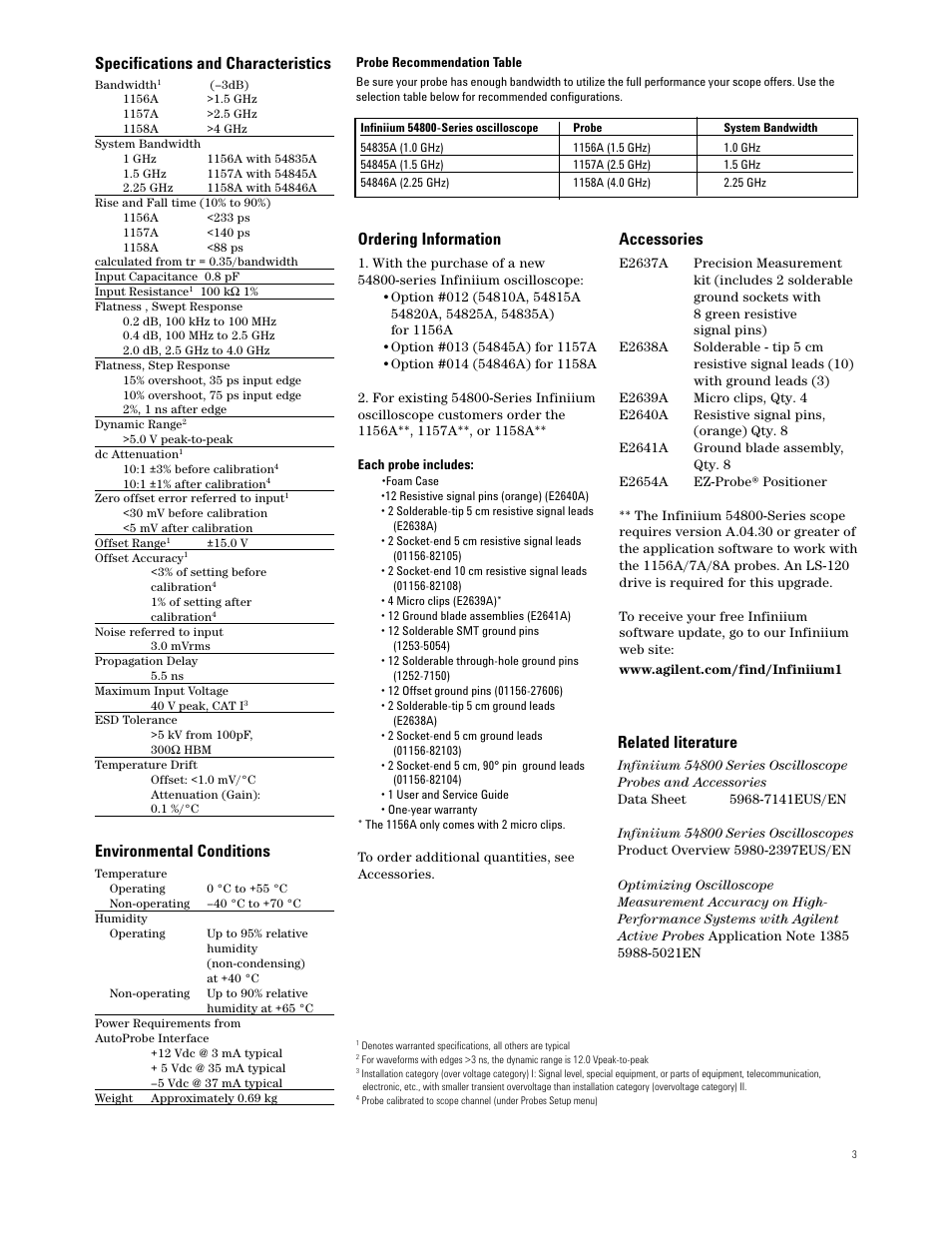 Ordering information, Accessories, Specifications and characteristics | Environmental conditions, Related literature | Atec Agilent-1156A-1157A-1158A User Manual | Page 3 / 4