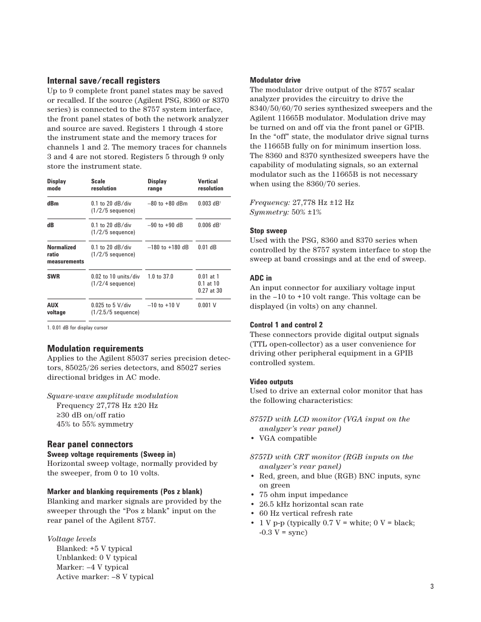 Internal save/recall registers, Modulation requirements, Rear panel connectors | Atec Agilent-8757D User Manual | Page 3 / 14
