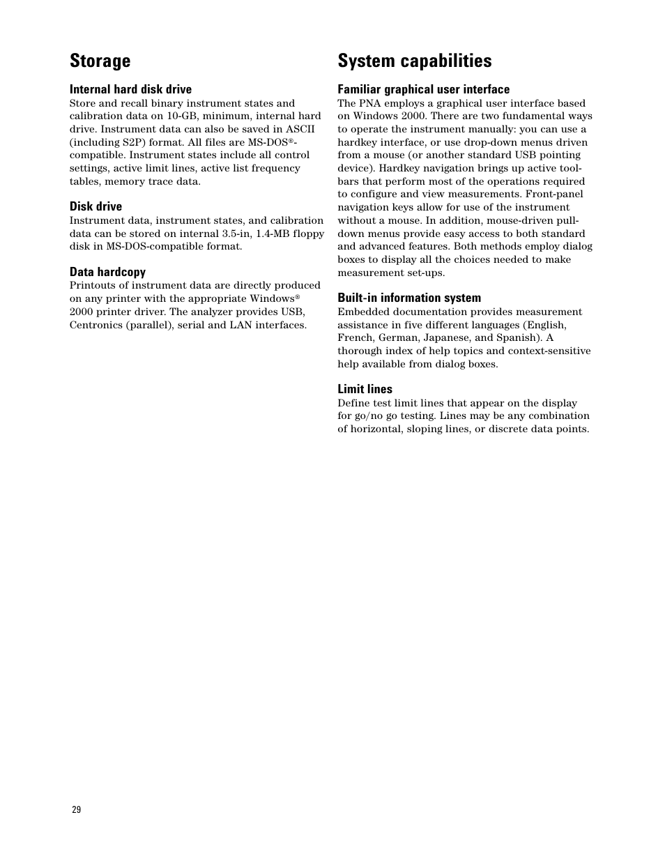 Storage, System capabilities | Atec Agilent-E8364A User Manual | Page 29 / 32