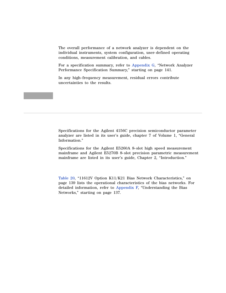 Rf subsystem performance specifications, Dc subsystem specifications, Bias network characteristics | Atec Agilent-85133F User Manual | Page 62 / 142